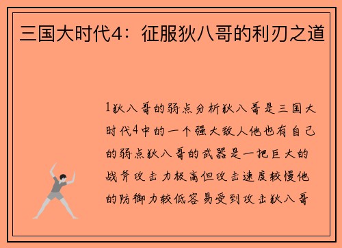 三国大时代4：征服狄八哥的利刃之道
