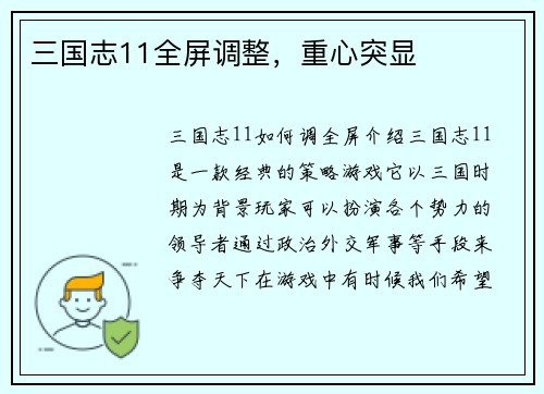 三国志11全屏调整，重心突显