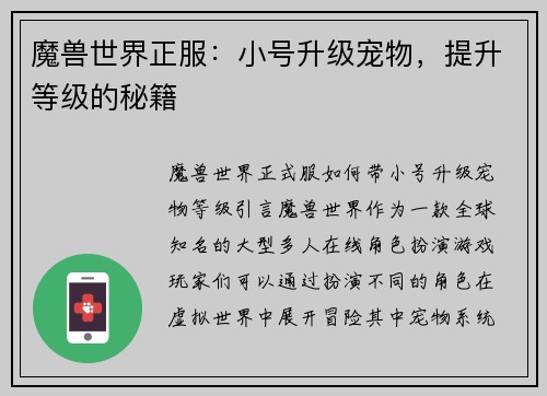 魔兽世界正服：小号升级宠物，提升等级的秘籍